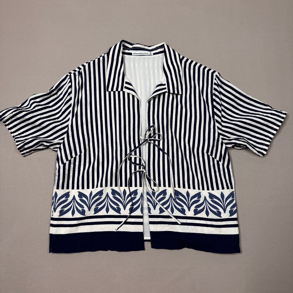 Abercrombie & Fitch Navy White Striped Tie Front Short Sleeve Shirt Top Medium